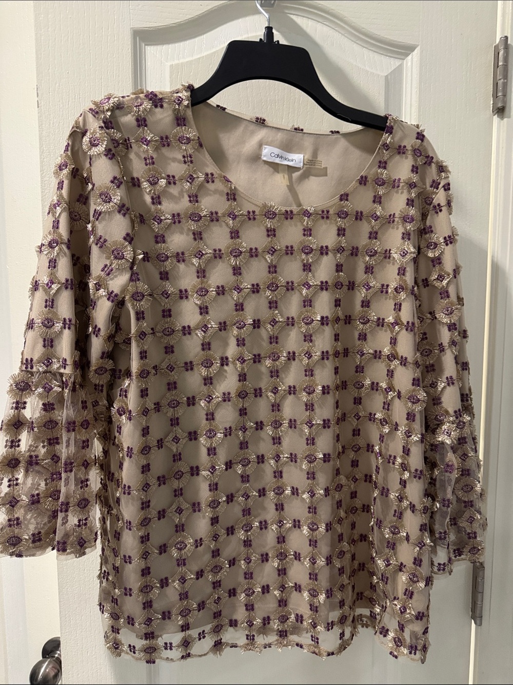 Calvin Klein Beige Sheer Blouse with Purple Sequin Grid Pattern